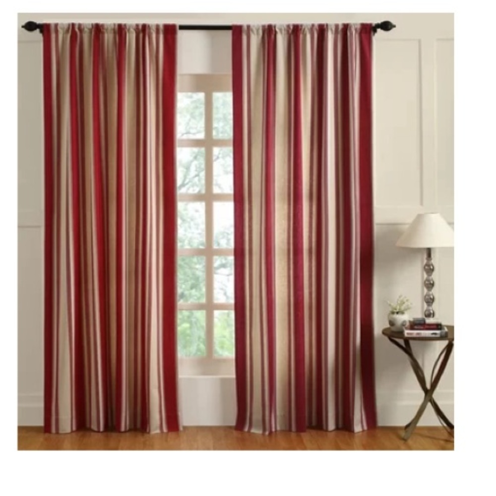 Rodeo Home Red Beige stripe silk long Drapes 90”